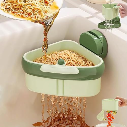 Corner Sink Strainer | Suction Cup Sink Corner Rack | 2025 New Upgraded Suction Cup Press Sink Drainer Basket | Triangle Storage Rack with Drain Hole | Corner Sink Trash Catcher for Food Waste(Green)