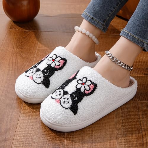 Dog Slippers Winter Fluffy Plush Slippers Animals Cute Cartoon French Bulldog Pattern Cuddly Warm House Shoes Indoor Outdoor Girls Women Men(36/37 EU, White)4