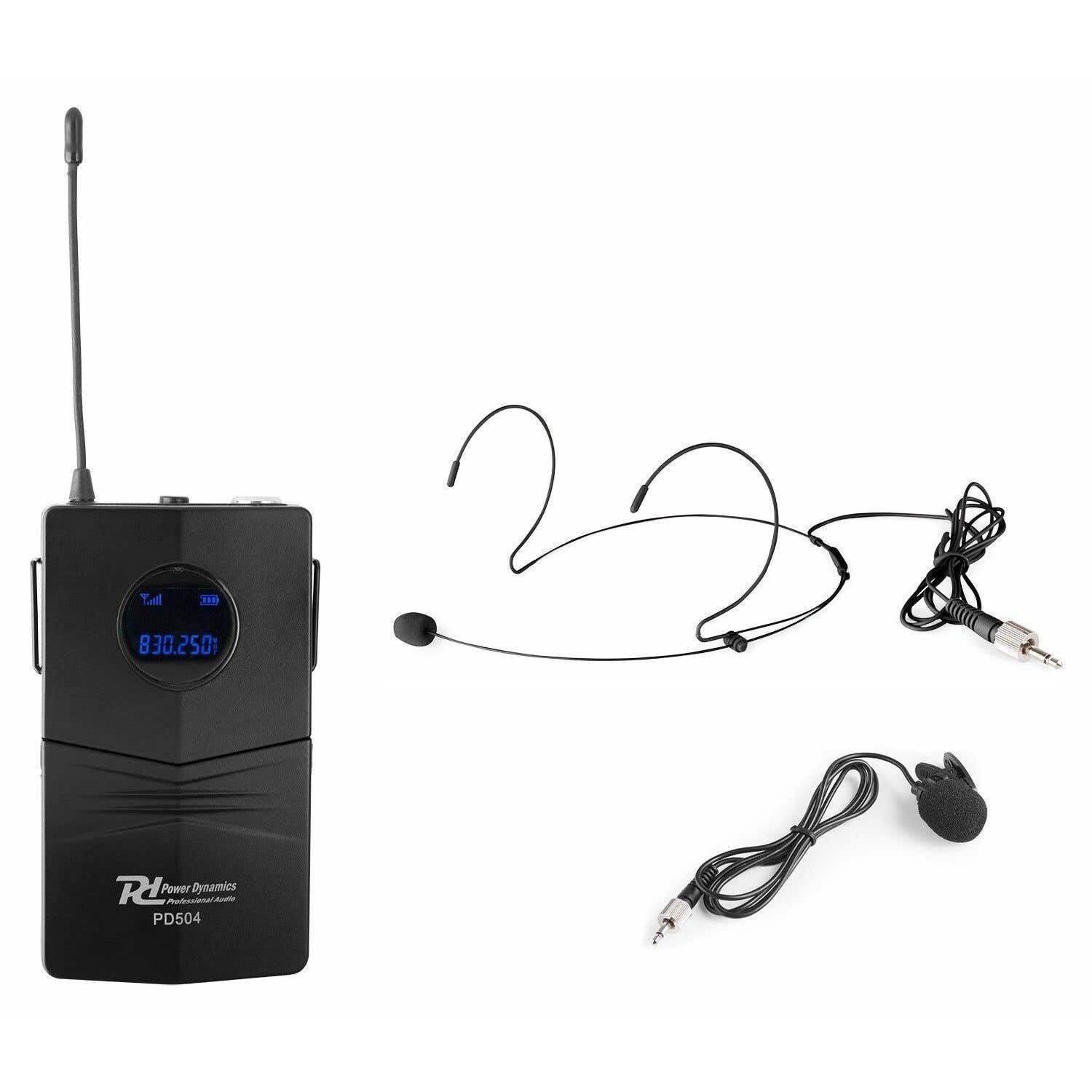 Power Dynamics PD504BP Petaca Transmisora para Micrófonos Inalámbricos de Serie PD504, con Microfono Solapa Color Negro y Micrófono de Diadema Color Beige Incluidos, Petaca para Micro Inalambrico