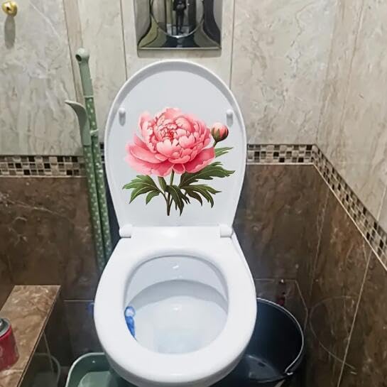Christmas Peony Flower Vinyl Toilet Cover Sticker Decals Waterproof Toilet Lid Tank Seat Decals Cistern Self-Adhesive Bathroom Wall Sticker