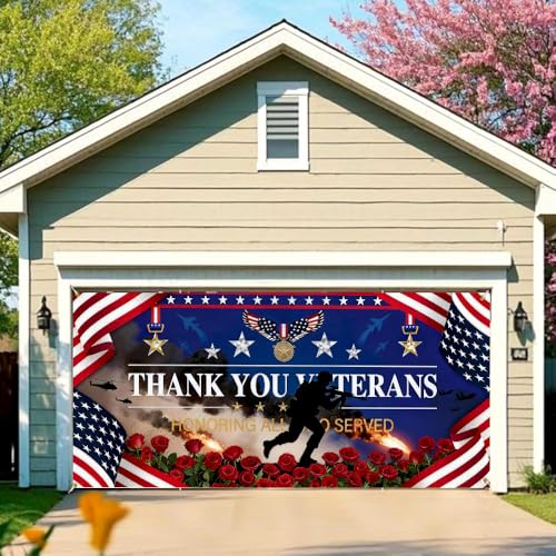 Garage Door Cover Thank You Veterans Patriotic Tribute Banner Honoring All Who Served Military Appreciation Decoration for Memorial Day Veterans Day Outdoor Garage Decor 157x71 Inch