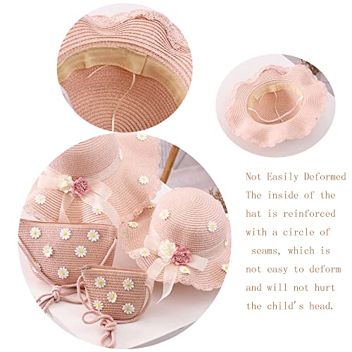Toddler Baby Girls Kids Wide Brim Straw Sun Hat With Shoulder Bag Large Brim Flower Beach Summer Hat Straw Purse Beach Bag Cute Flower Summer Beach Cap (Pink) #TOP3
