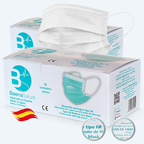 BAENA SALUD 100 Mascarillas Quirrgicas, higinicas, desechables, Tipo IIR, en color blaco, filtracin (BFE) 98%, hechas en Espaa