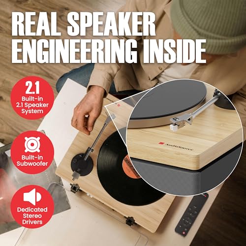 Image of AudioSource Vinyl Record Player, 120W All-in-one Turntable with 2.1 Channel Built-in Speaker, Bluetooth 5.4, Built-in Subwoofer, High Fidelity 2-Speed Belt Drive, Patented Isolation System, Natural