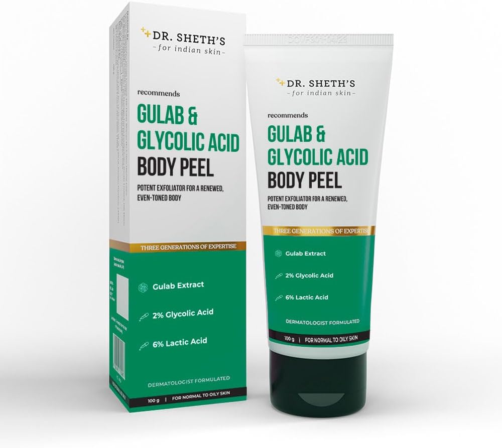 Dr. Sheth's Gulab & Glycolic Acid Body Peel for Glowing Skin | 5 Mins Chemical Exfoliant with Lactic Acid & Rose Extracts for Brightening and Tan Removal | Men & Women | 100g