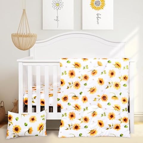 JISEN 3 Piece Crib Bedding Set Soft Baby Crib Bedding Set Floral Crib Comforter Set - Crib Comforter Crib Sheet Pillowcase Nursery Bedding Sets for Baby Girls or Boys Sunflowers Cover