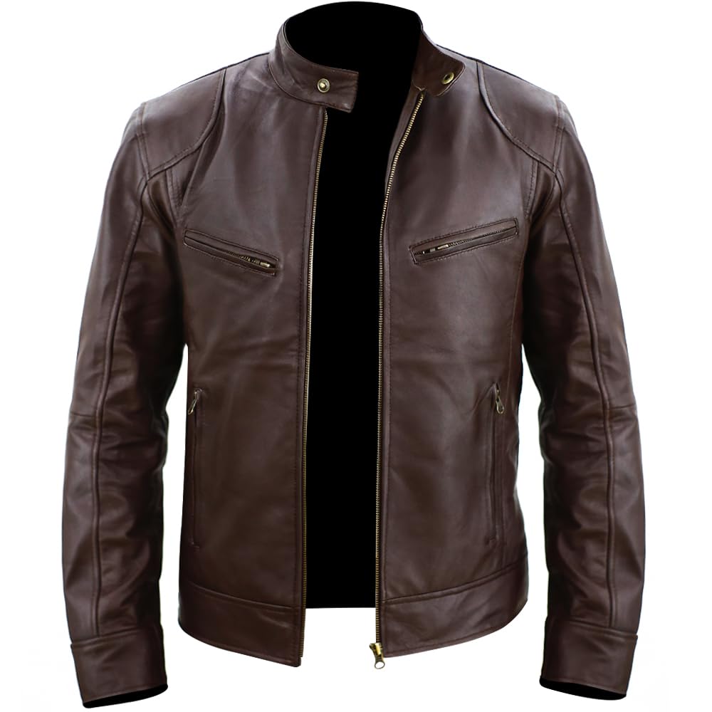 Rising Bloom Men's Brown Real Leather Jacket Biker Motorcycle Cafe Racer Vintage Retro Bomber Winter Black Genuine Leather Jacket (As8, Alpha, 3X_l, Regular, Regular, )