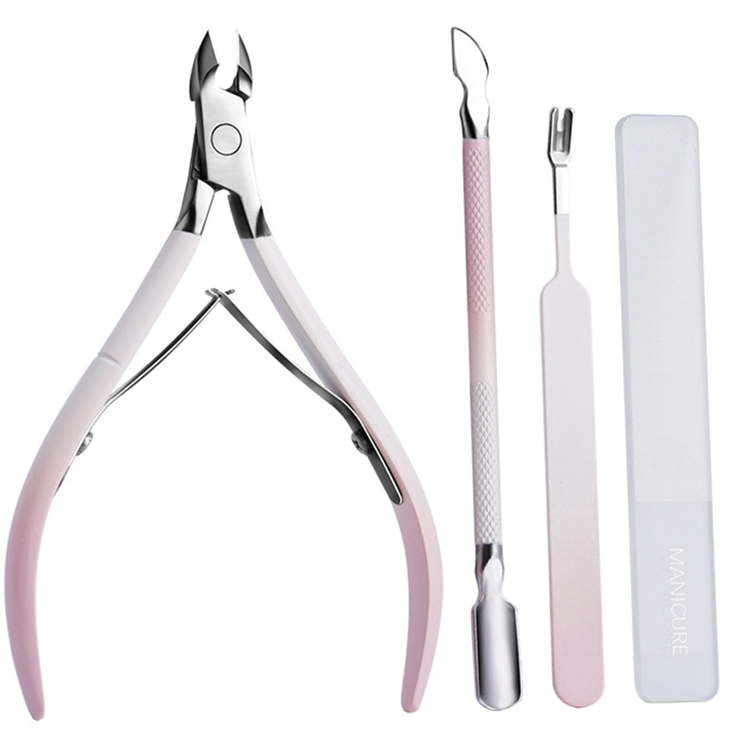 Kit profesional de removedor de cutículas y manicura: cortador de cutículas, recortador, cortaúñas y juego de herramientas de uñas, empujador de doble extremo y lima de uñas de vidrio (4 piezas en