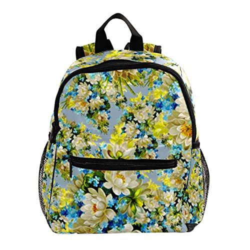 Sac à dos pour garçons et filles enfants motif fleurs bleues jaunes 30,5cm
