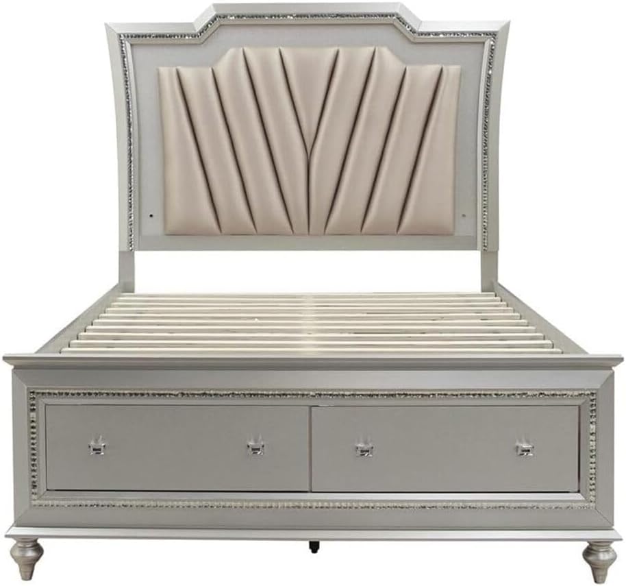 HomeStock Mountain Lodge Queen Bed in PU and Champagne with 91" x 67" x 69"H Lighting Headboard Crystal Trim Padded Panels Wood Legs and Built in Storage Drawers