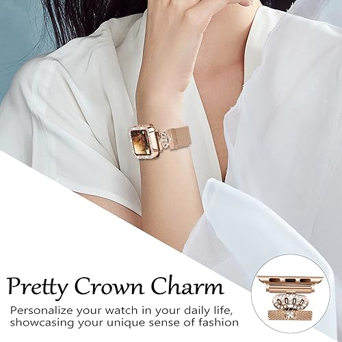 Magnetic Band Compatible with Apple Watch 38mm 40mm 41mm 42mm 44mm 45mm 46mm Stainless Steel Metal Strap with Bling Case and Built-in Screen Protector, Dressy Milanese Loop iWatch Bands for Women