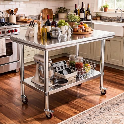 Image of DWVO 30x24in Stainless Steel Table with Adjustable Shelf & Wheels | NSF Metal Prep Worktable for Kitchen Restaurant Hotel Garage Warehouse Home Commercial