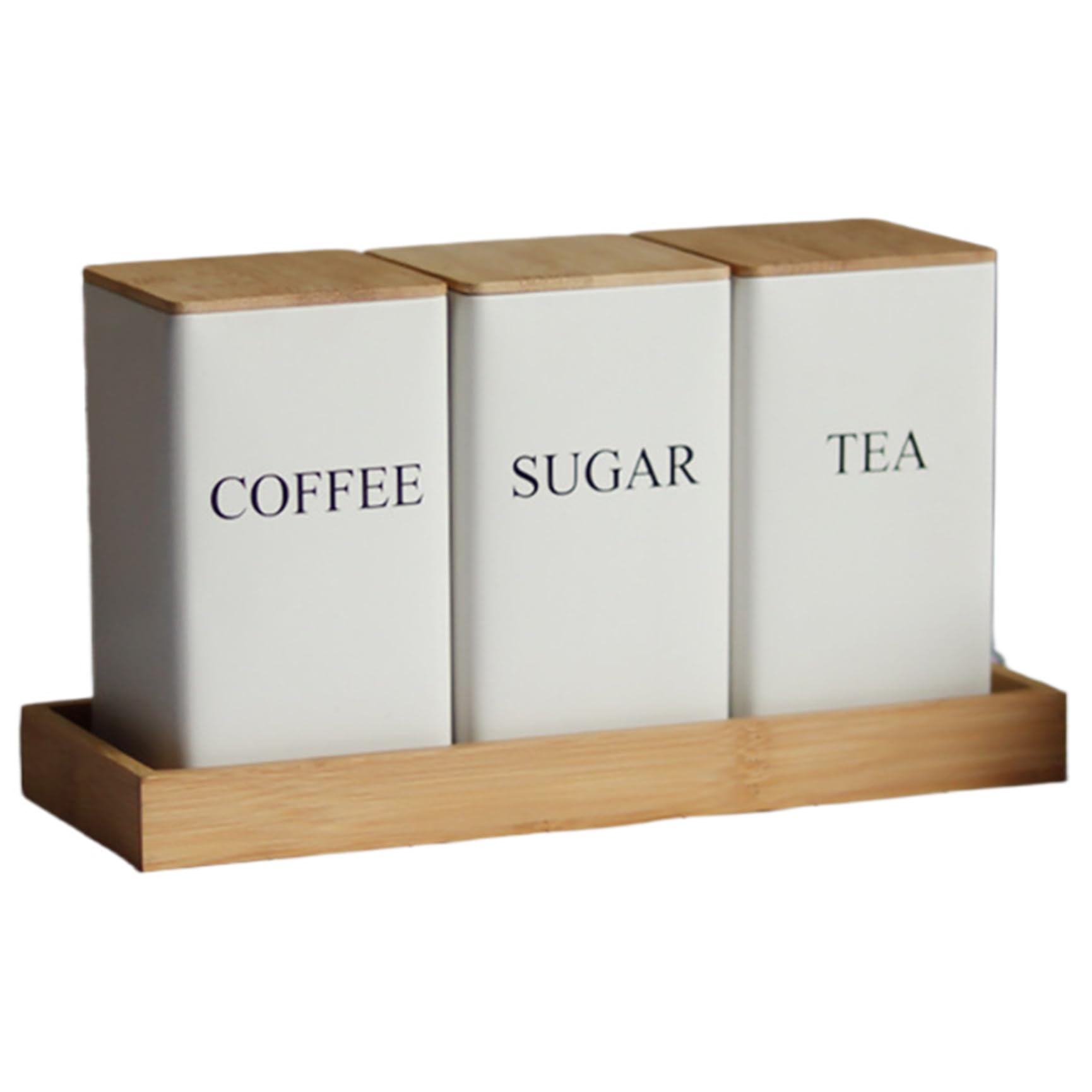 Xvhoab White Tea Coffee Sugar Canister Set With Tray, 3Pcs Set, Iron Tea And Coffee Jars With Bamboo Lid, Multi-Purpose, Sugar Containers For Kitchen Countertop Decor,