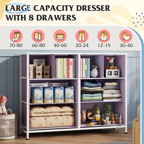 Image of WLIVE Dresser for Bedroom with 8 Drawers, Wide Fabric Dresser for Storage and Organization, Bedroom Dressers, Chest of Drawers for Living Room, Closet, Hallway, Purple