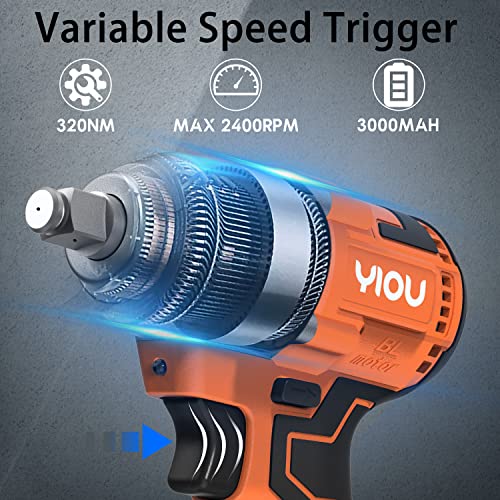 Yiou 20V Max Cordless Impact Wrench 1/2 Inch,Compact Impact Wrench Set For Home & Car,Max Torque 320Nm,3.0A Li-Ion Battery, 9Pcs Driver Impact Sockets, Brushless Motor,Fast Charger And Tool Bag,Orange #TOP3