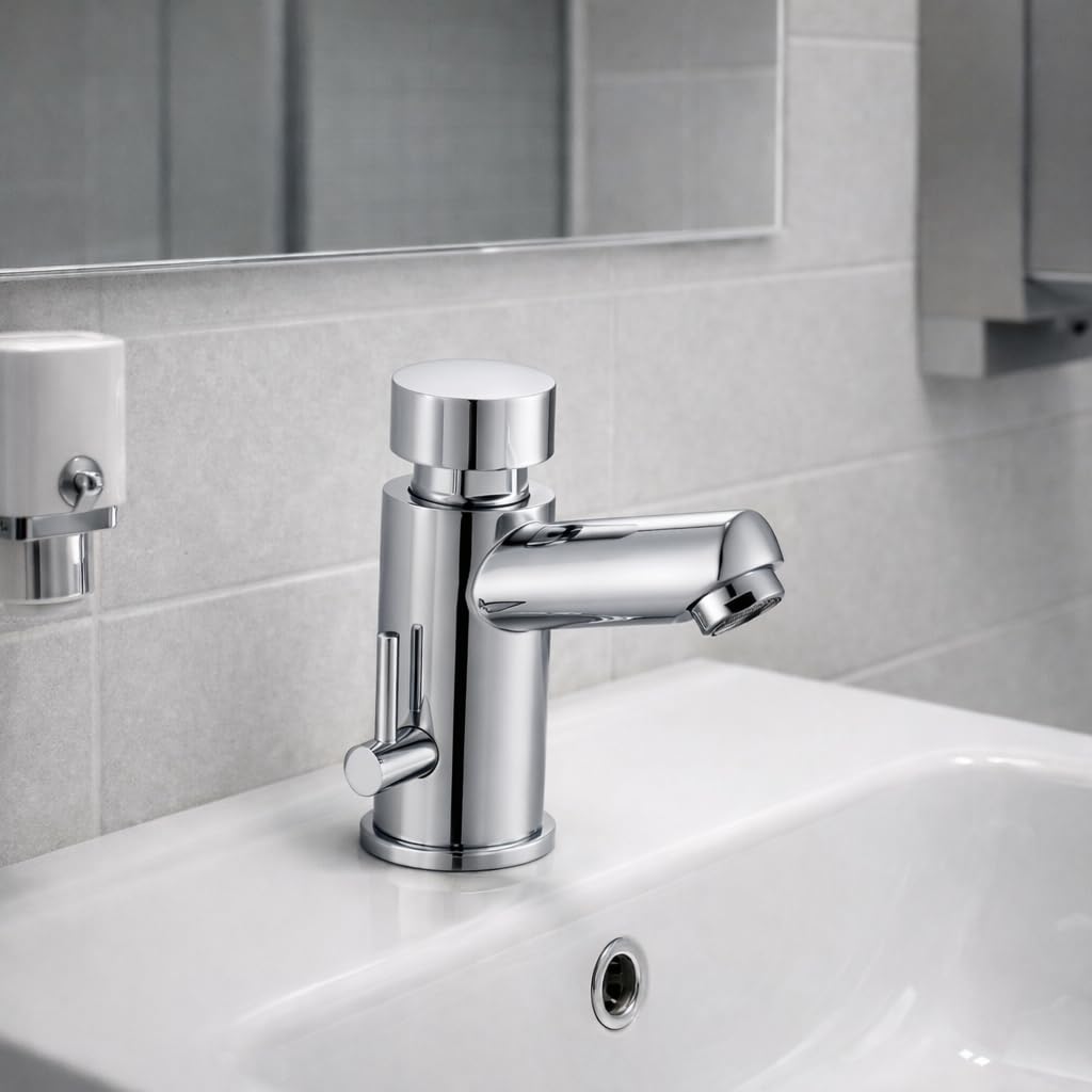 Grifo Temporizado para Lavabo, 2 Aguas (Agua Caliente y Fría), Diseño Cromado, Control Eficiente de Agua