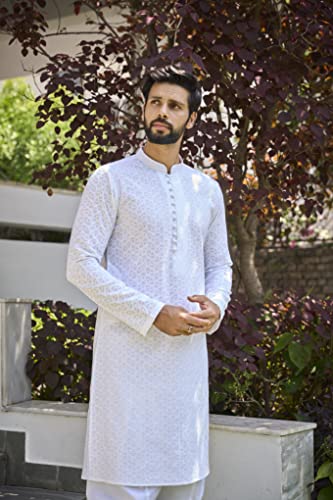 Image of See Designs Mens Kurta - Cotton Regular Fit Embroidered Mandarin Collar Chikankari Kurta