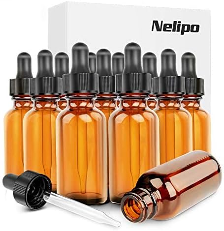 Nelipo 2oz Amber Glass Bottles for Essential Oils with Glass Eye Dropper - Pack of 12
