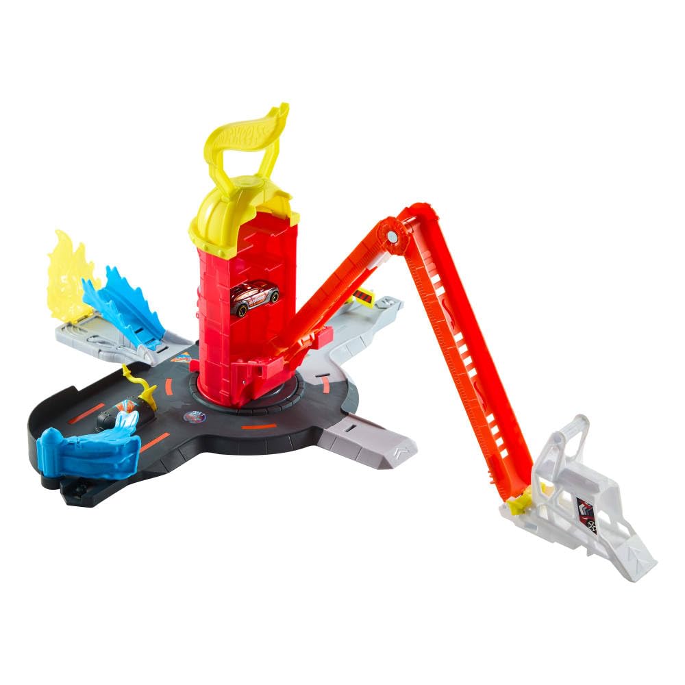 Hot Wheels City Caserne de Pompiers Super Rescue et Camion | Échelle extensible de 40,6 cm et dispose de 4 sorties différentes, rangement facile, comprend un camion à l'échelle 1:64