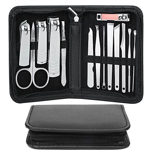 Manicure Set, 14pcs Pedicure Kit, Nail Clippers, Professional Grooming Kit with Black Luxurious Leather Travel Case for Men Women