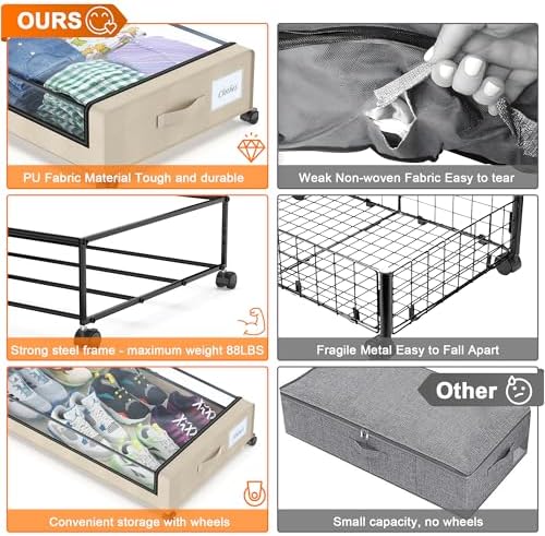 Under Bed Storage with Wheels, 2 Pack Under Bed