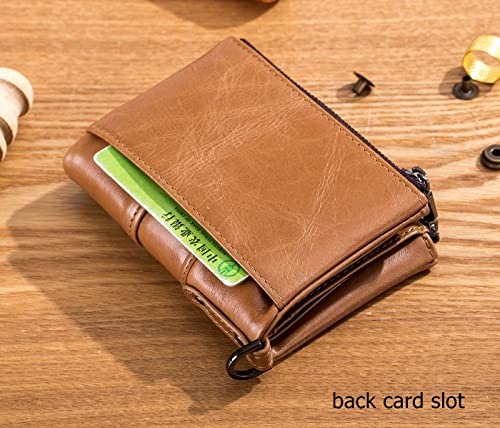 BULLCAPTAIN Genuine Leather Men Wallet with Anti-Theft Chain Large Capacity Double Zipper RFID Coin Purse with 2 ID Window (Yellow brown)3