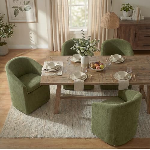 Image of KISLOT Upholstered Dining Chairs with Casters, Washable Cover Modern Dining Room Chairs with Barrel Backrest & Dual Armrest for Kitchen, Living Room, Bedroom, Green Fabric, 4PCS