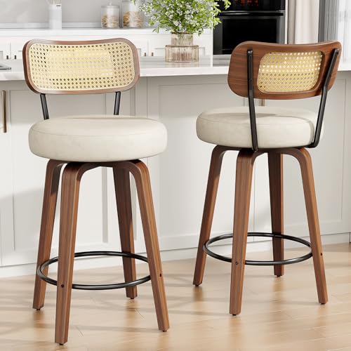 Image of YaFiti Swivel Bar Stools Set of 2, 26 inch Upholstered Barstools with Rattan Backs and Wood Legs, Modern PU Leather Counter Height Bar Chairs for Kitchen Island, Cream White