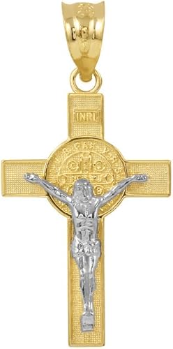 Colgante de cruz de crucifijo de San Benito en dos tonos de oro macizo de 10 quilates (1.10"), Oro amarillo