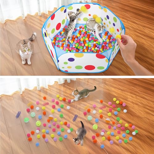 MUAEEOK Katzen-Bällebad mit 106 Katzenspielzeugbällen und 4 Katzenfeder-Spielzeug, interaktives Katzenspielzeug für gelangweilte Indoor-Katzen, Selbstspiel, Katzenanreicherungsspielzeug für