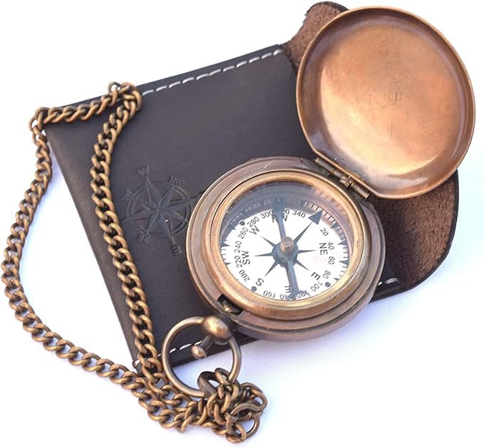 2" Handmade Brass Push Button Compass with Black Leather Case, Direction Finder Navigational Collectible Pocket Compass Unique Gift for Camping and Hiking Travelling-picture-19