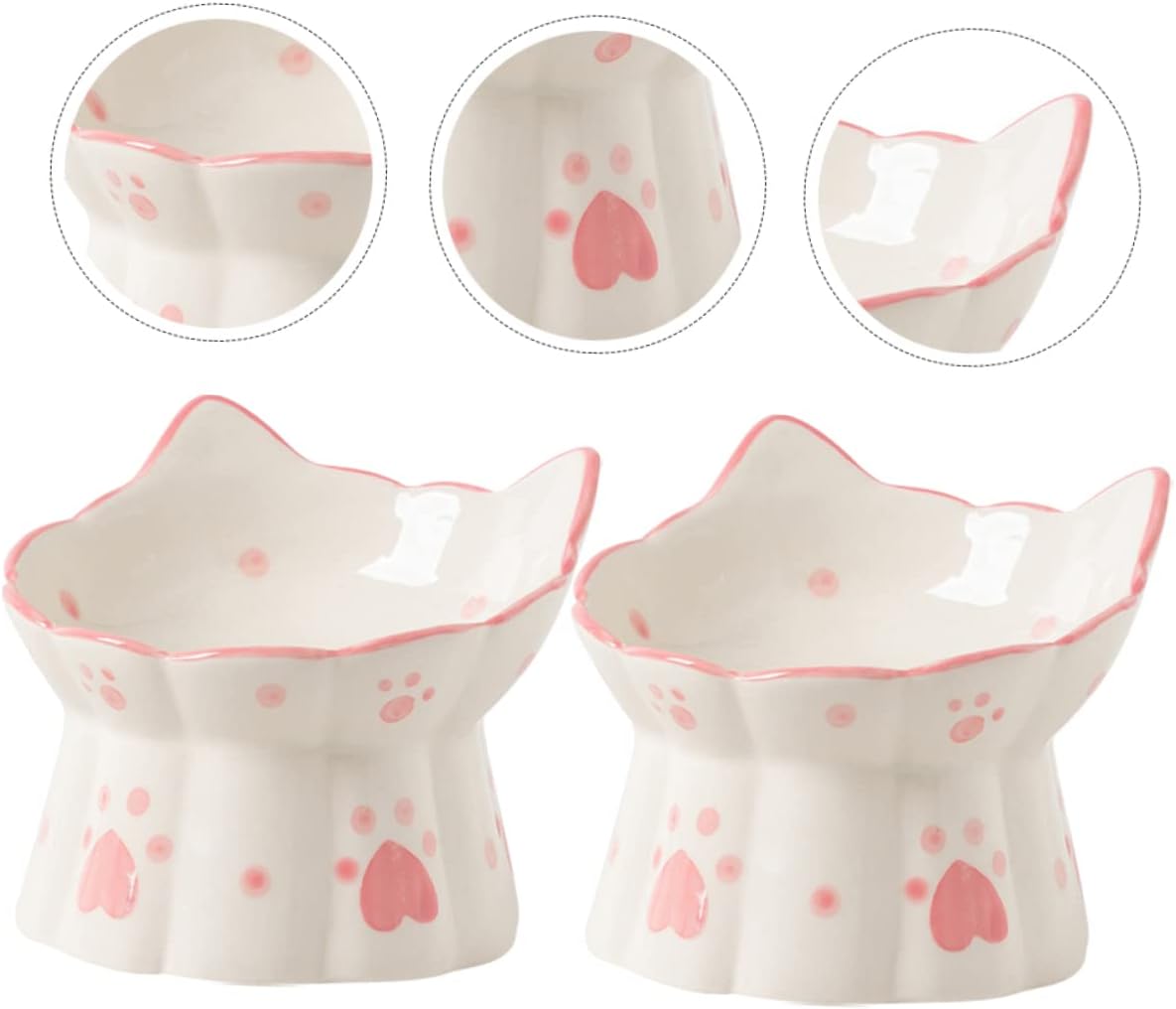 2pcs Elevated Ceramic Cat Bowls Neck Protection Raised Food and Water Bowls with Cute Cat Ear Design for Indoor Spill Resistant Pet Feeding Station