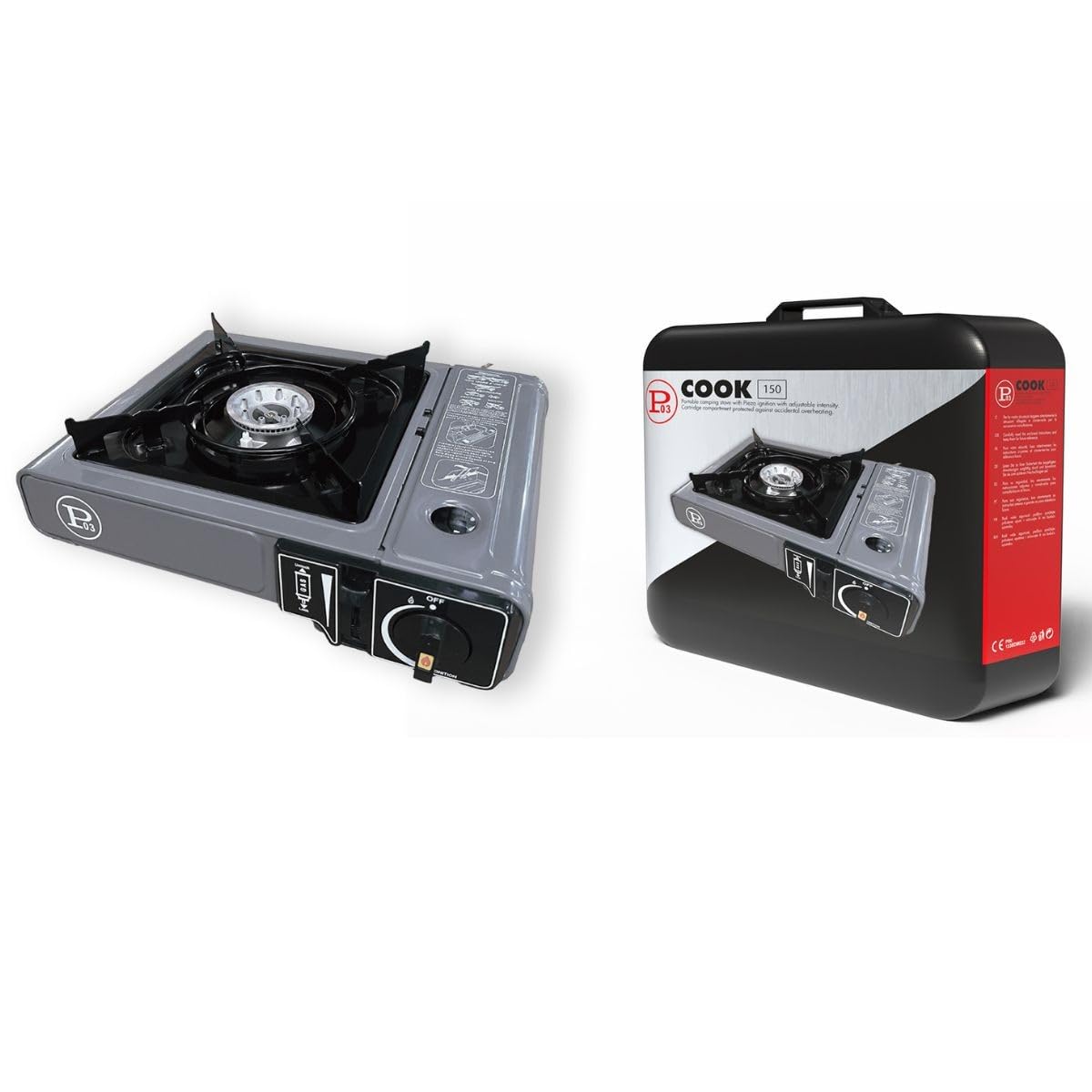 INTEC - Réchaud Gaz Portable 1 Feu 2,2 KW + 8 Cartouches gaz Butane incluses Allumage Piezo – Camping Randonnée Cuisine Extérieure
