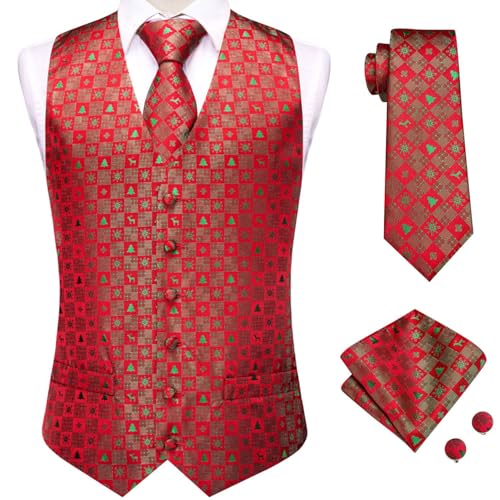 Hi-Tie Christmas Vest and Tie Set For Mens Print Shiny Suit Waistcoat Necktie Xmas Holiday Party Tuxedo Vest