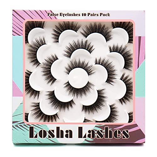 Losha 3D False Eyelashes Full Strips 16Mm Natural Long Faux Mink Lashes| Reusable Eyelash Extension| 100% Handmade & Cruelty-Free| 10 Pairs Lashes Pack #TOP6
