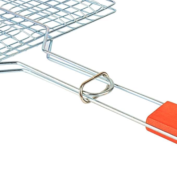 TRIMART Stainless Steel Portable Barbecue BBQ Grill Net Basket Roast Grilling Tray Plated with Wooden Handle (46.5 x 24 x 2 cm) (1 BBQ Mesh Basket Set + 6 BBQ Skewers Sticks) - Image 7 thumbnail