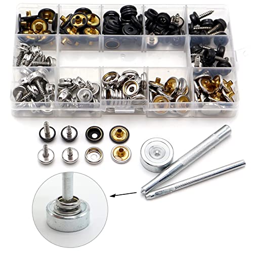 153 Pcs Canvas Snap Kit-2 Sizes,Metal Screws Upholstery Fasteners Marine Grade 3/8" And 5/8" Socket Stainless Steel Boat Snaps With 3 Pcs Setting Tool For Boat Carpet Cover Furniture (Black & Sliver) #TOP6