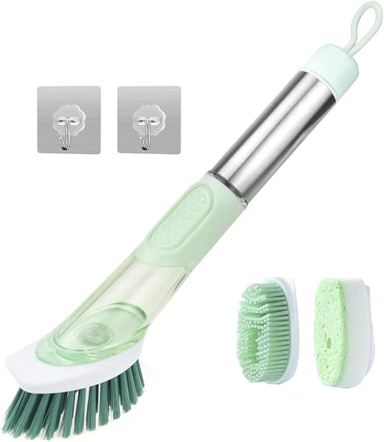 Siwinparts Soap Dispensing Dish Brush with Handle Dish Cleaning Brushes Set Dish Washing Up Brush with Soap Dispenser Kitchen Scrubbing Brushes Set with 3 Replaceable Brush Heads and 2 Hooks