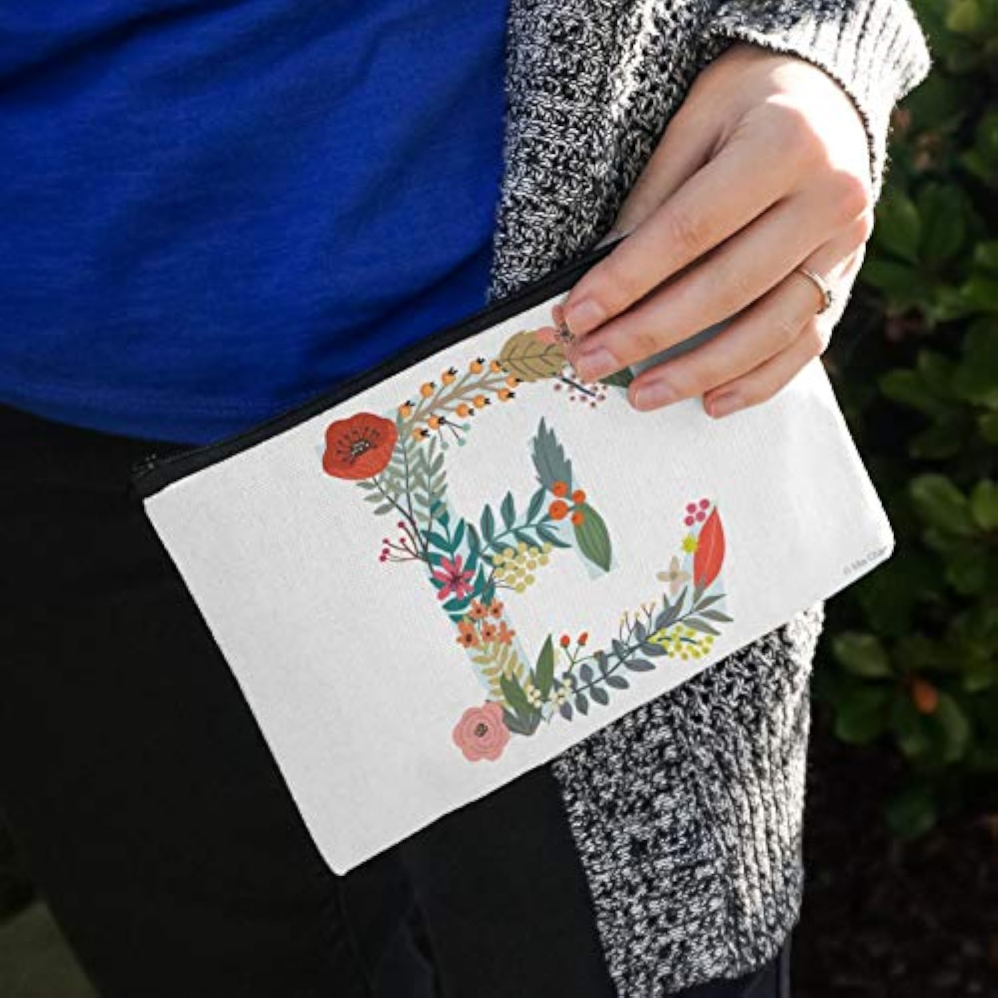 Letter E Floral Monogram Initial Makeup Bag