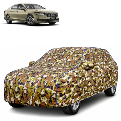 Image of Waterproof Car Body Cover for Skoda Superb with Mirror Pocket| Cotton Inner Lining | Triple Stitched | All Weather Protection | Dust, UV & Rain Proof (Camouflage with Blue Piping)