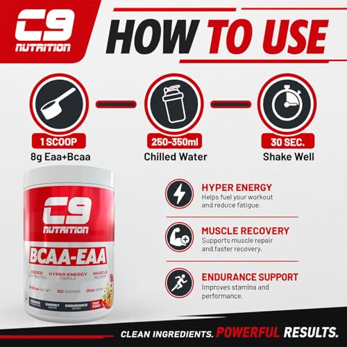 Image of C9 Nutrition BCAA + EAA Powder | 5000mg BCAA + 9000mg EAA | Essential Amino Acid Supplement for Muscle Recovery, Hydration & Endurance | Sugar Free | Fruit Punch Flavour | 30 Servings