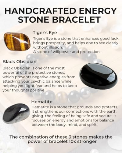 Image of Triple Protection Bracelet for Men & Women - Natural Tiger Eye, Black Obsidian & Hematite Beaded Bracelet - 10mm Healing Crystals for Luck, Prosperity & Spiritual Protection - Meaningful Gift