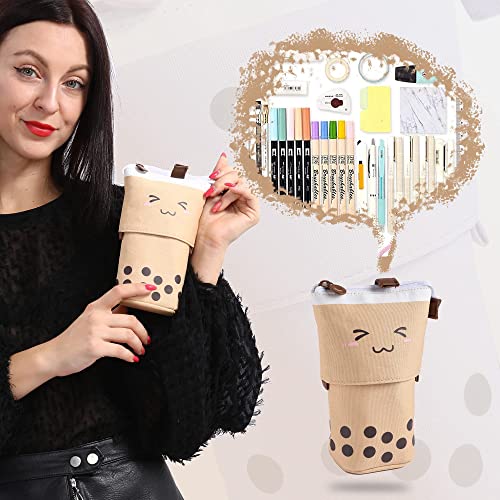 Image of FINEMOE Polyester Standing Pencil Case Cute Pencil Pouch For Girls & Boys - Korean Boba Pop Up Stationery Makeup Cosmetic Organizer Box, Pen Pencil Pouches (Brown)