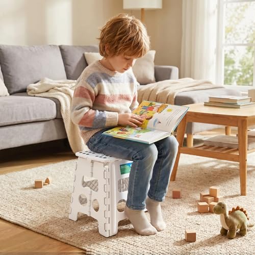 Image of Dyforce Folding Step Stool 13 Inch - Non-Slip Foldable Stool for Adults & Kids, Holds 300 lbs, Lightweight Compact Foot Stool with Handle for Kitchen, Bathroom, Bedroom (White)