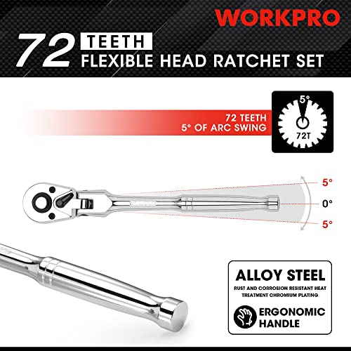 Workpro 4-Piece Flex Head Ratchet Set, 1/4", 3/8", 1/2" Drive, 3/8" Stubby, 72-Tooth Ratchet With Chromium Plating Quick Release Reversible Design, 5 Degree Swing #TOP3