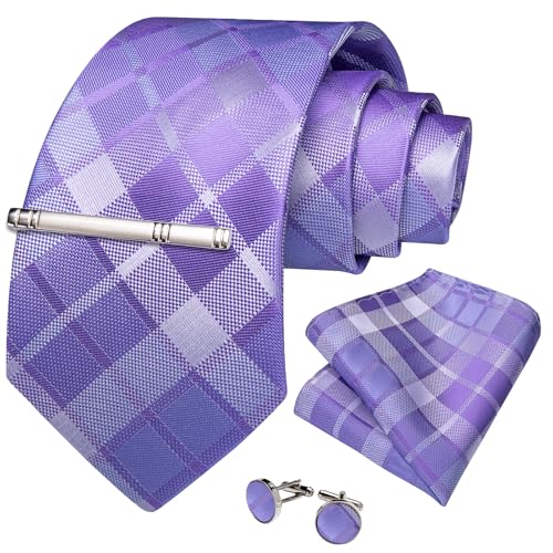 Image of DiBanGu Plaid Ties for Men Silk Checkered Necktie and Pocket Square Cufflinks Tie Clip Set with Gift Box for Wedding Business