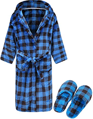 Kids Soft Plush Hooded Bathrobe Matching Slippers,Spa Robe Hooded Flannel Pajamas Sleepwear for Boys Girls Blue Plaid 6-8 Years