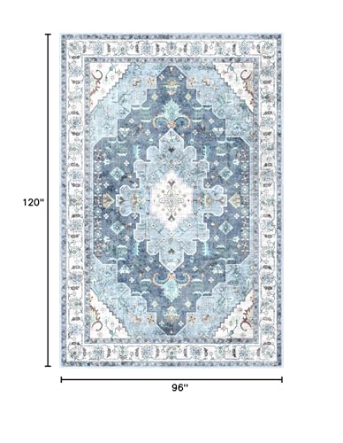 SERISSA Boho 8x10 Area Rugs Blue, Washable Vintage Large Living Room Rug Non-Slip, Ultra Soft Oriental Print Distressed Traditional Farmhouse Carpet for Dining Room Bedroom Dorm Office Home Decor