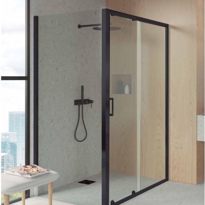 Mampara De Ducha Angular Negro F2 - Anti - Cal 1 Fija + 1 Corredera + Lateral Fijo - 90x130cm