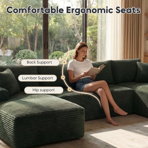 Image of 125 inch U-Shaped Modular Sectional Sofa, Corduroy Boneless Couch, Green